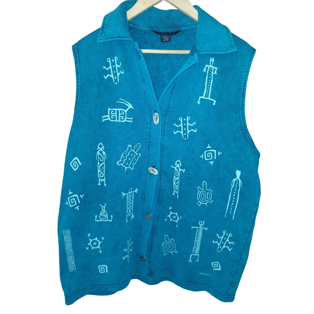 Bfof Designs Women XL Teal Blue Tribal Petroglyph Print Button Up Vest Canada